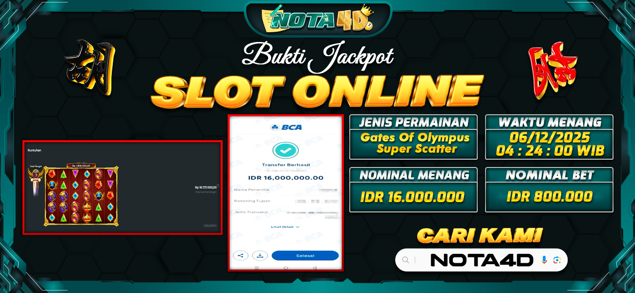 Bukti Kemenangan Besar Dibayar lunas Member NOTA4D RP 16.000.000, 6 Desember 2025