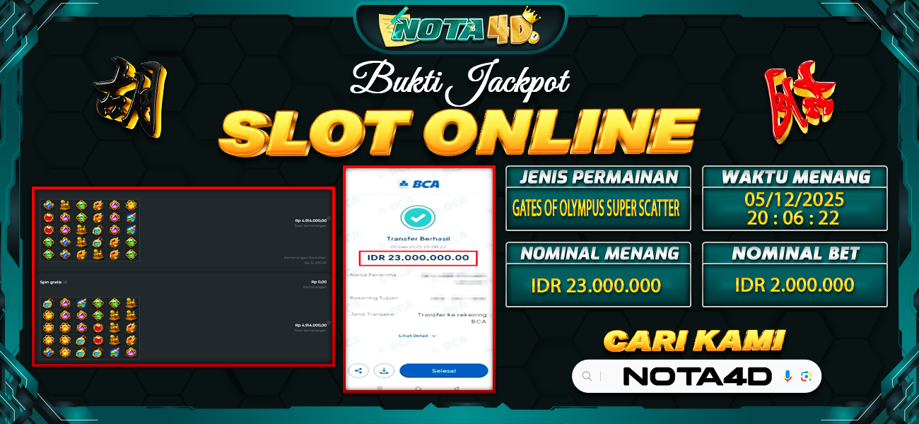 Bukti Kemenangan Besar Dibayar lunas Member NOTA4D RP 23.000.000, 6 Desember 2025