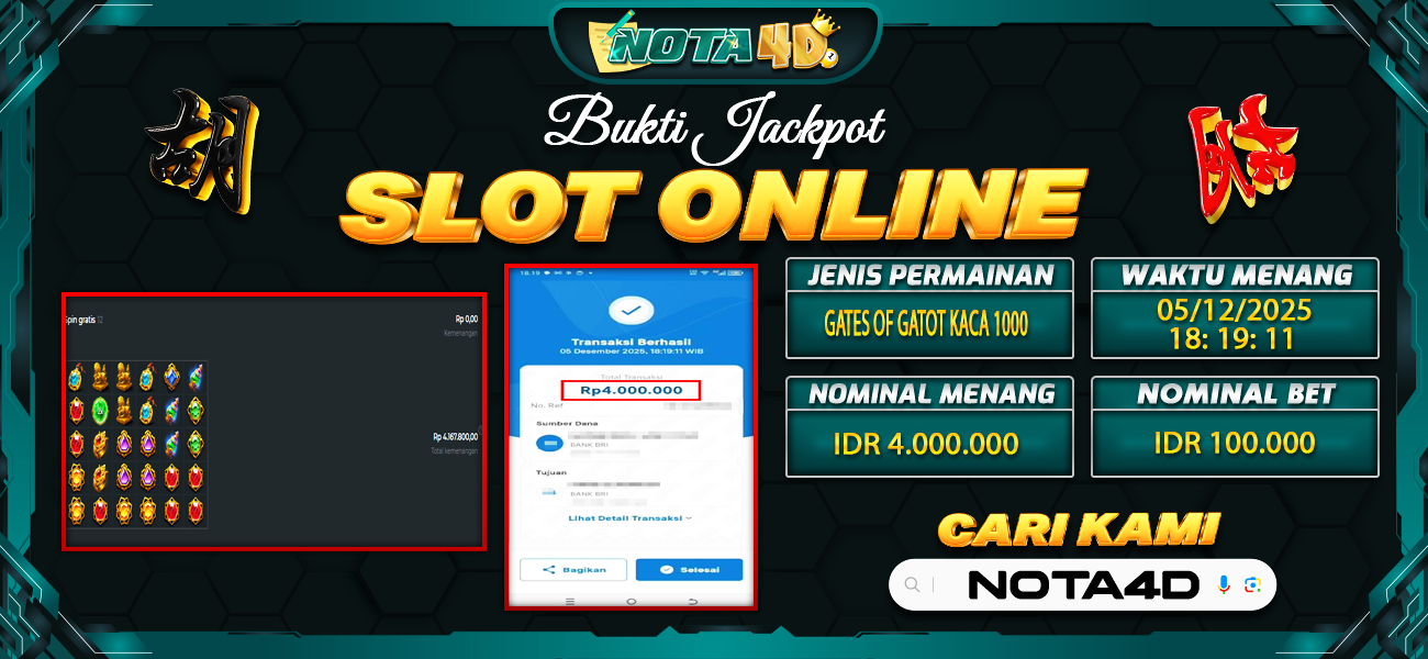 Bukti Kemenangan Besar Dibayar lunas Member NOTA4D RP 4.000.000, 6 Desember 2025