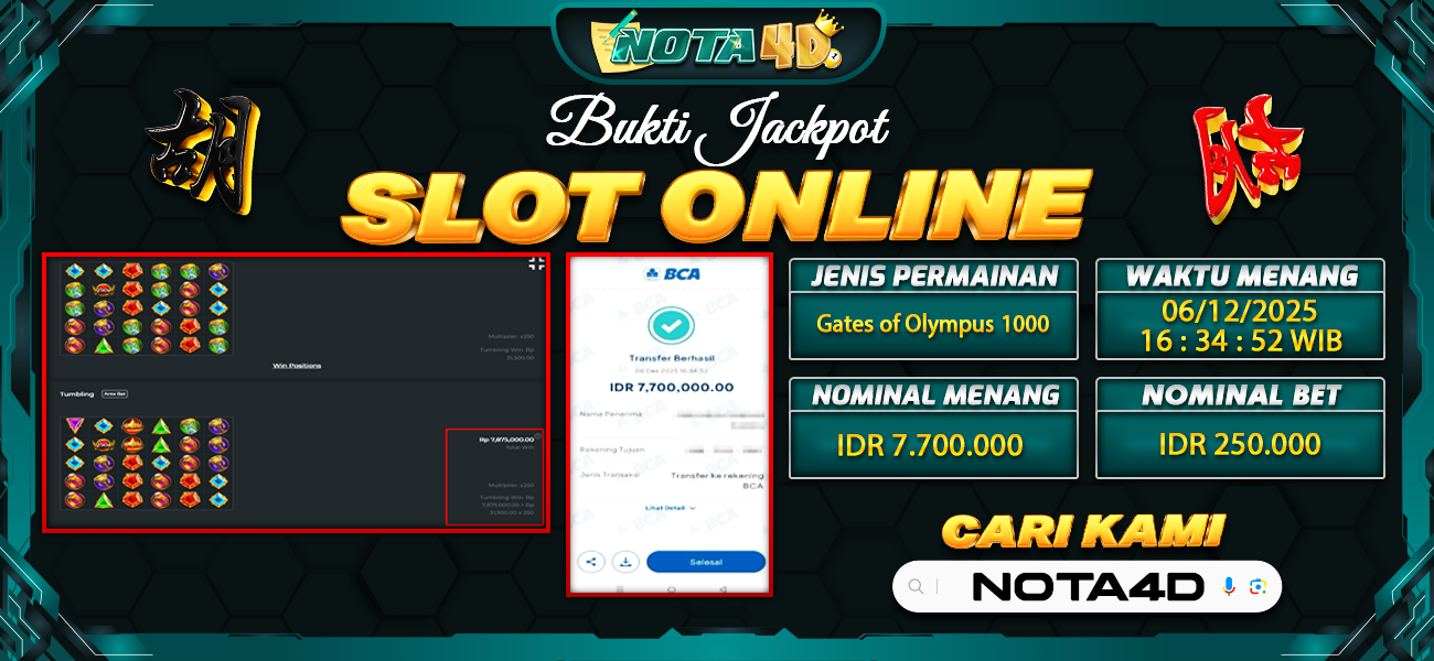 Bukti Kemenangan Besar Dibayar lunas Member NOTA4D RP 7.700.000, 6 Desember 2025