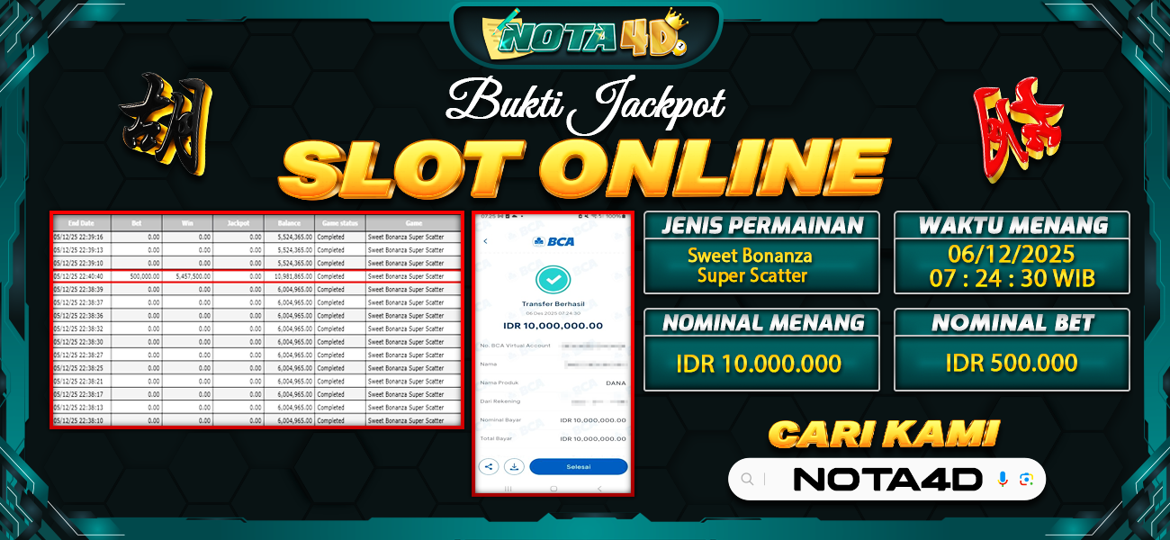 Bukti Kemenangan Besar Dibayar lunas Member NOTA4D RP 10.000.000, 7 Desember 2025