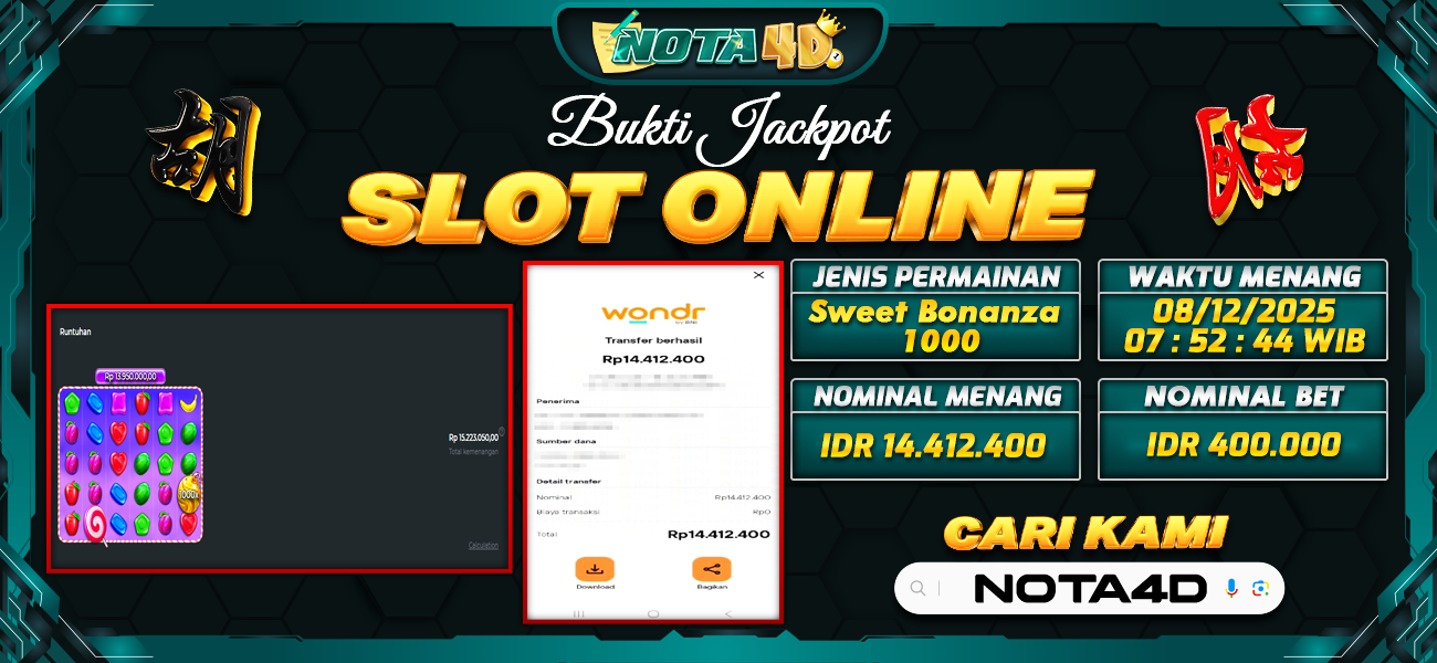 Bukti Kemenangan Besar Dibayar lunas Member NOTA4D RP 14.412.400, 8 Desember 2025