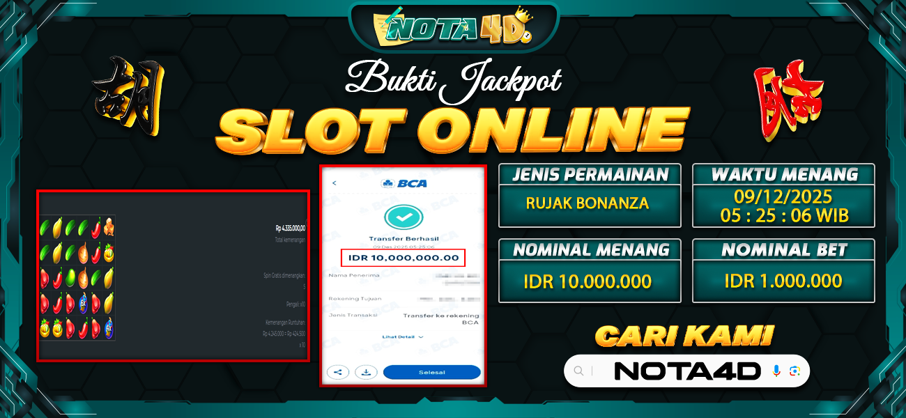Bukti Kemenangan Besar Dibayar lunas Member NOTA4D RP 10.000.000, 9 Desember 2025