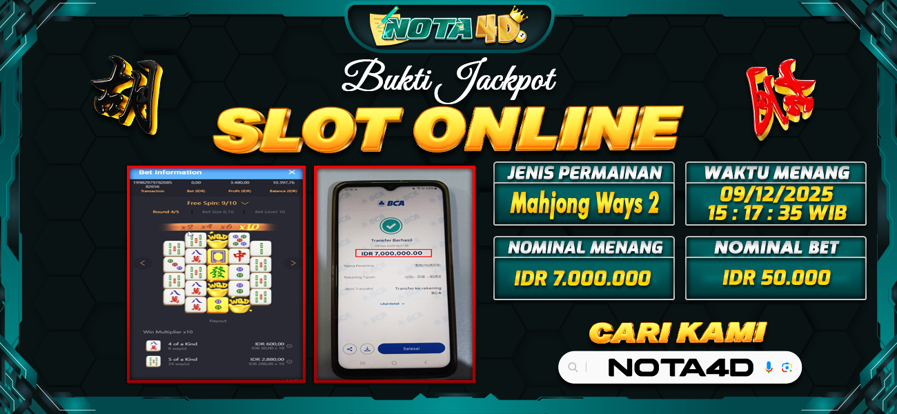 Bukti Kemenangan Besar Dibayar lunas Member NOTA4D RP 7.000.000, 9 Desember 2025